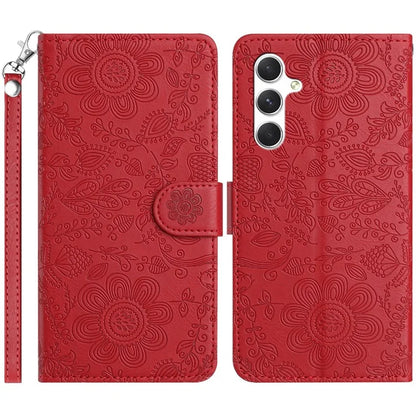 For Samsung Galaxy A55 5G Case Flower Imprint Leather Flip Wallet Phone Cover with Wrist Strap