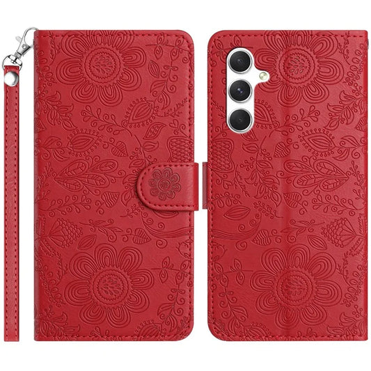 For Samsung Galaxy A34 5G Case Flower Imprint Leather Flip Wallet Phone Cover with Wrist Strap