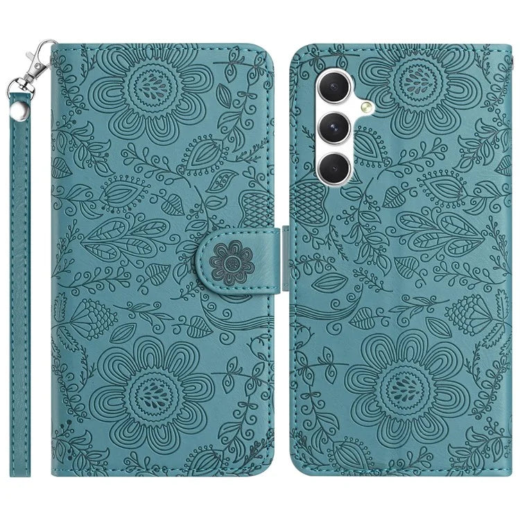For Samsung Galaxy A34 5G Case Flower Imprint Leather Flip Wallet Phone Cover with Wrist Strap