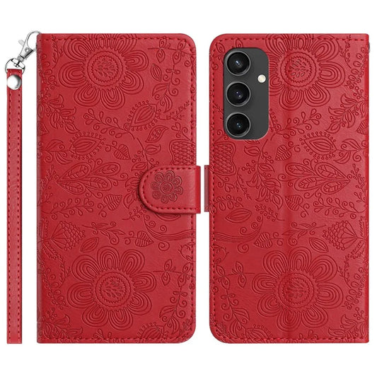 For Samsung Galaxy S24 FE Case Flower Imprint Leather Flip Wallet Phone Cover with Wrist Strap