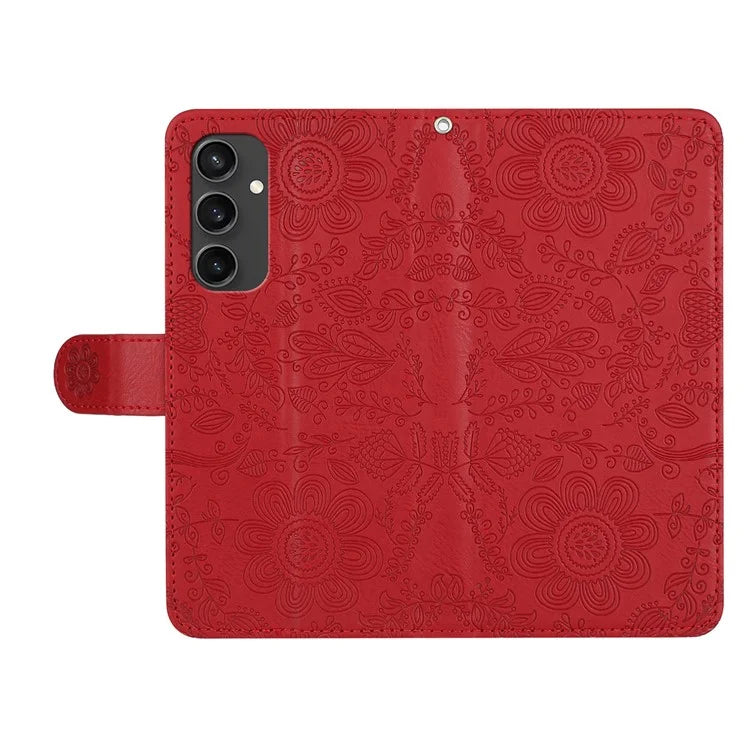 For Samsung Galaxy S24 FE Case Flower Imprint Leather Flip Wallet Phone Cover with Wrist Strap