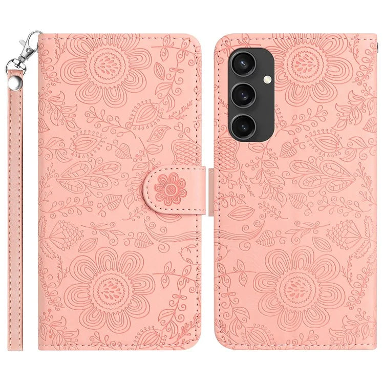 For Samsung Galaxy S24 FE Case Flower Imprint Leather Flip Wallet Phone Cover with Wrist Strap