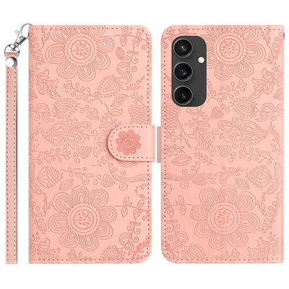 For Samsung Galaxy S24 FE Case Flower Imprint Leather Flip Wallet Phone Cover with Wrist Strap