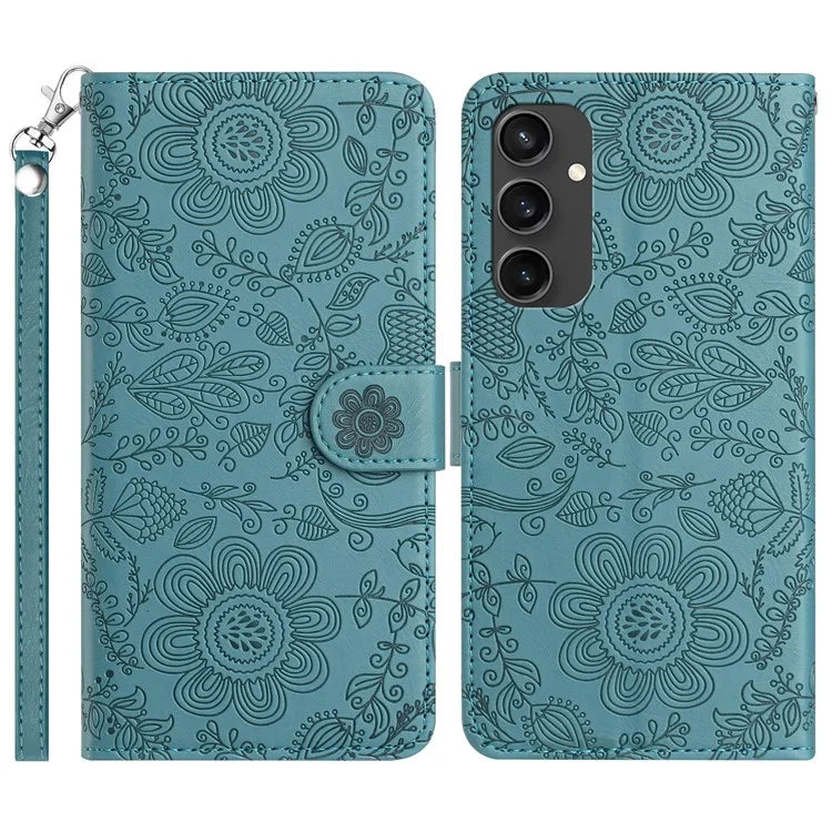 For Samsung Galaxy S24 FE Case Flower Imprint Leather Flip Wallet Phone Cover with Wrist Strap