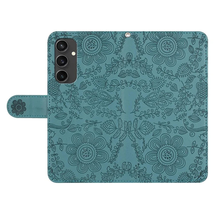 For Samsung Galaxy S24 FE Case Flower Imprint Leather Flip Wallet Phone Cover with Wrist Strap
