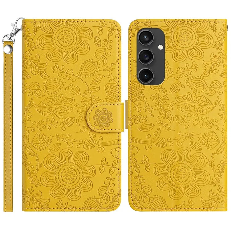 For Samsung Galaxy S24 FE Case Flower Imprint Leather Flip Wallet Phone Cover with Wrist Strap
