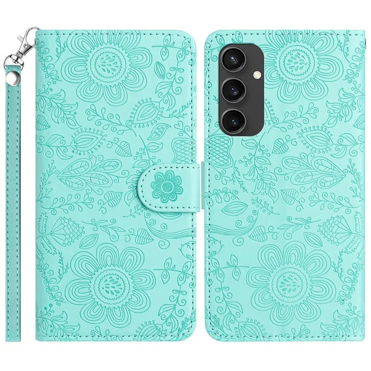 For Samsung Galaxy S24 FE Case Flower Imprint Leather Flip Wallet Phone Cover with Wrist Strap