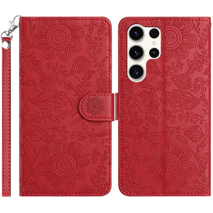 For Samsung Galaxy S24 Ultra Case Flower Imprint Leather Flip Wallet Phone Cover with Wrist Strap