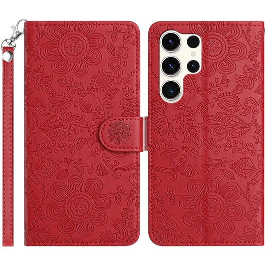 For Samsung Galaxy S24 Ultra Case Flower Imprint Leather Flip Wallet Phone Cover with Wrist Strap