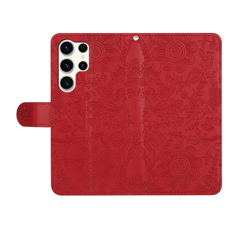 For Samsung Galaxy S24 Ultra Case Flower Imprint Leather Flip Wallet Phone Cover with Wrist Strap