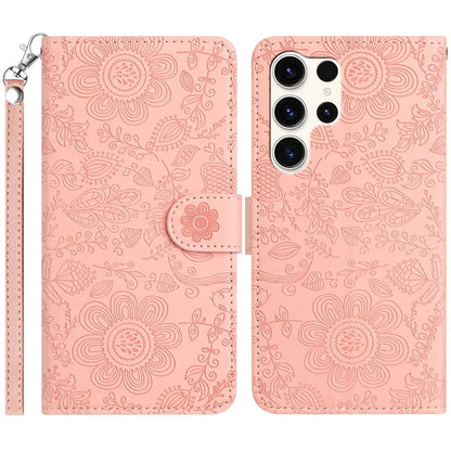 For Samsung Galaxy S24 Ultra Case Flower Imprint Leather Flip Wallet Phone Cover with Wrist Strap