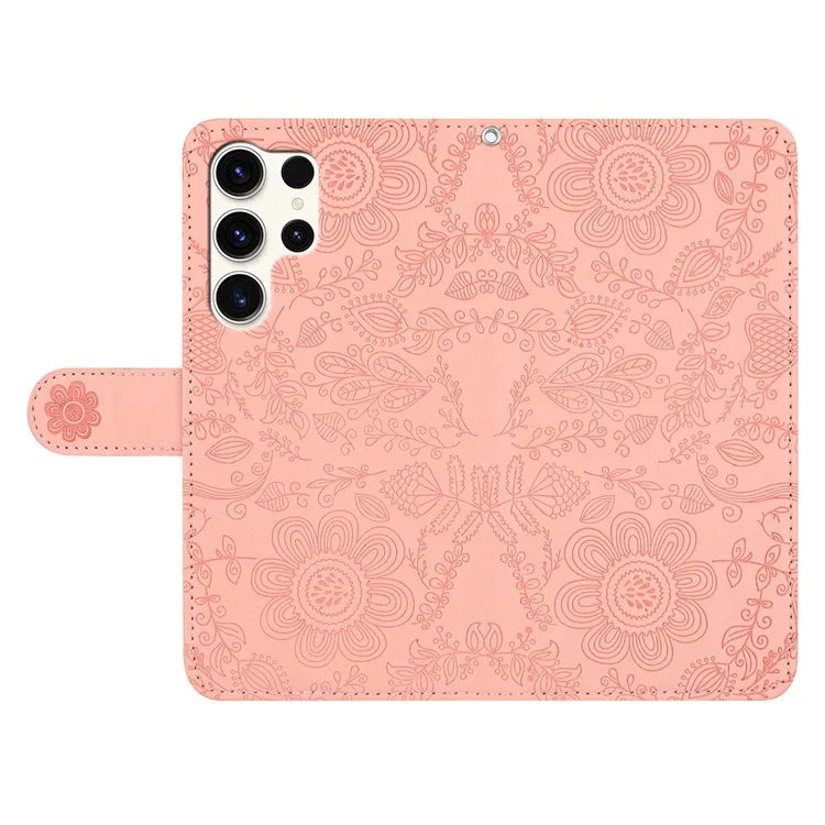 For Samsung Galaxy S24 Ultra Case Flower Imprint Leather Flip Wallet Phone Cover with Wrist Strap