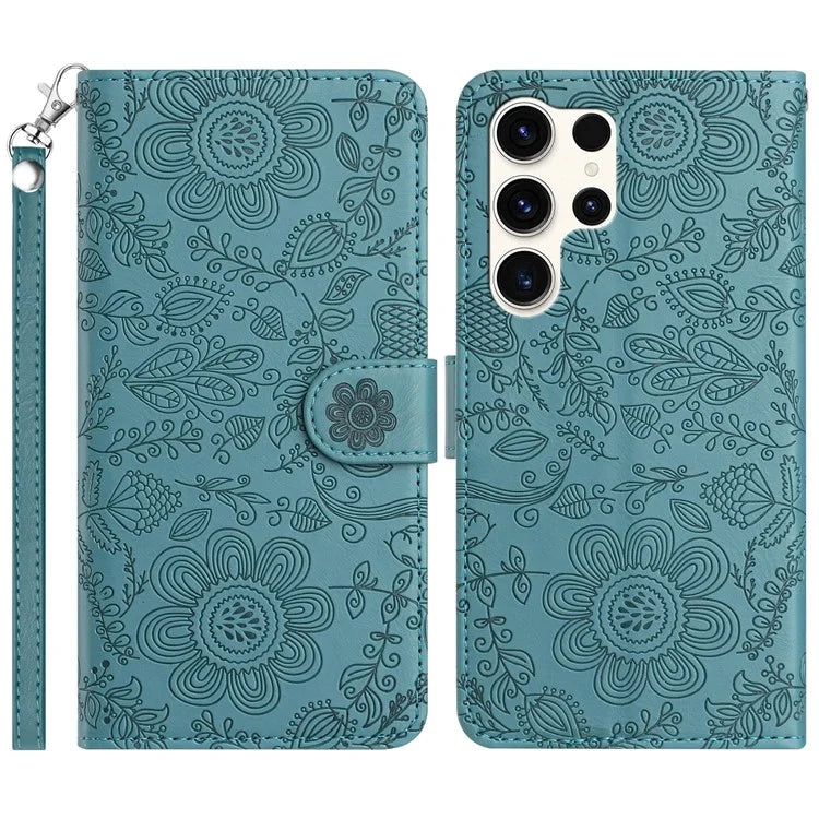 For Samsung Galaxy S24 Ultra Case Flower Imprint Leather Flip Wallet Phone Cover with Wrist Strap