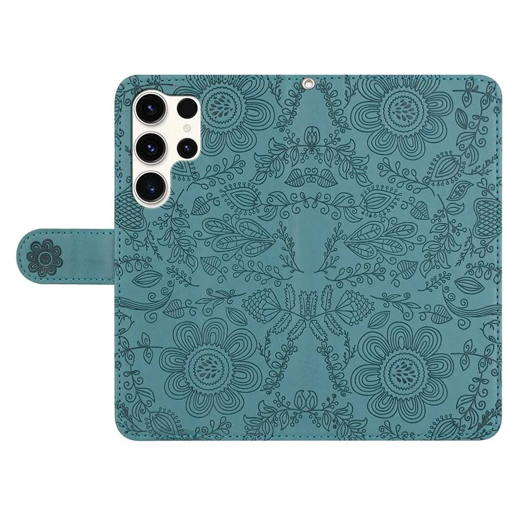 For Samsung Galaxy S24 Ultra Case Flower Imprint Leather Flip Wallet Phone Cover with Wrist Strap