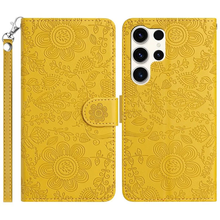For Samsung Galaxy S24 Ultra Case Flower Imprint Leather Flip Wallet Phone Cover with Wrist Strap