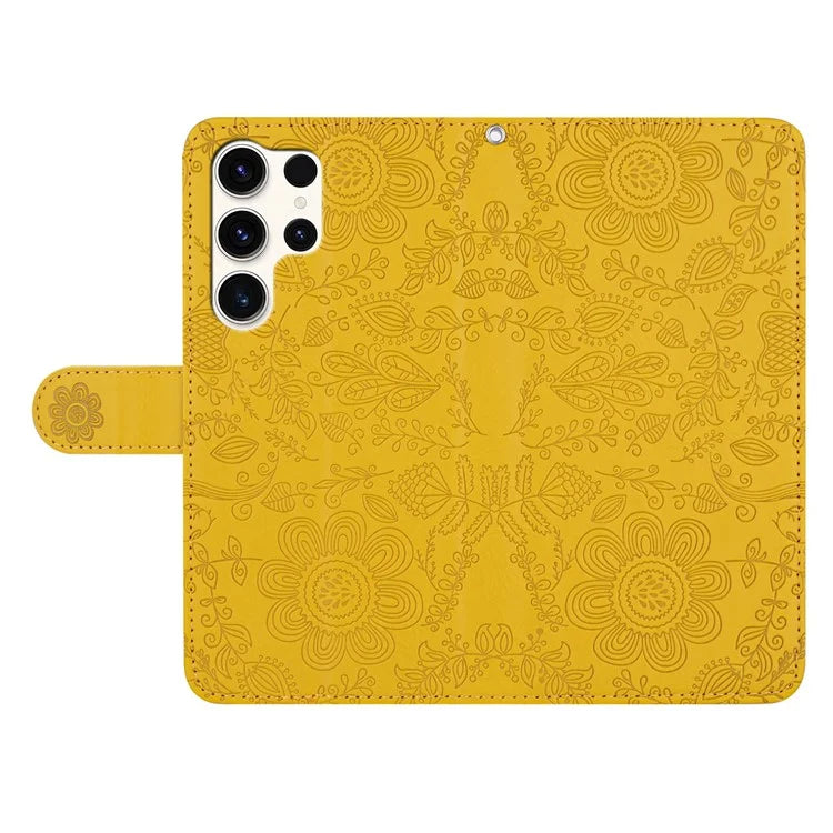 For Samsung Galaxy S24 Ultra Case Flower Imprint Leather Flip Wallet Phone Cover with Wrist Strap