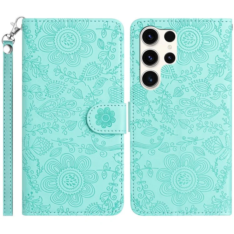 For Samsung Galaxy S24 Ultra Case Flower Imprint Leather Flip Wallet Phone Cover with Wrist Strap