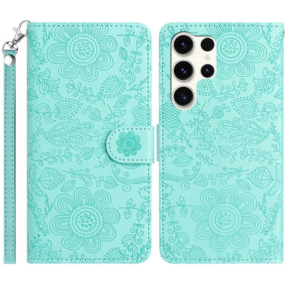 For Samsung Galaxy S24 Ultra Case Flower Imprint Leather Flip Wallet Phone Cover with Wrist Strap