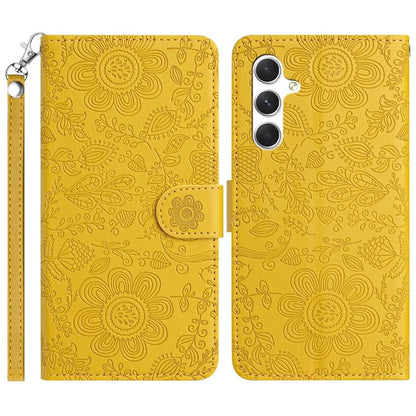 For Samsung Galaxy S24 Case Flower Imprint Leather Flip Wallet Phone Cover with Wrist Strap