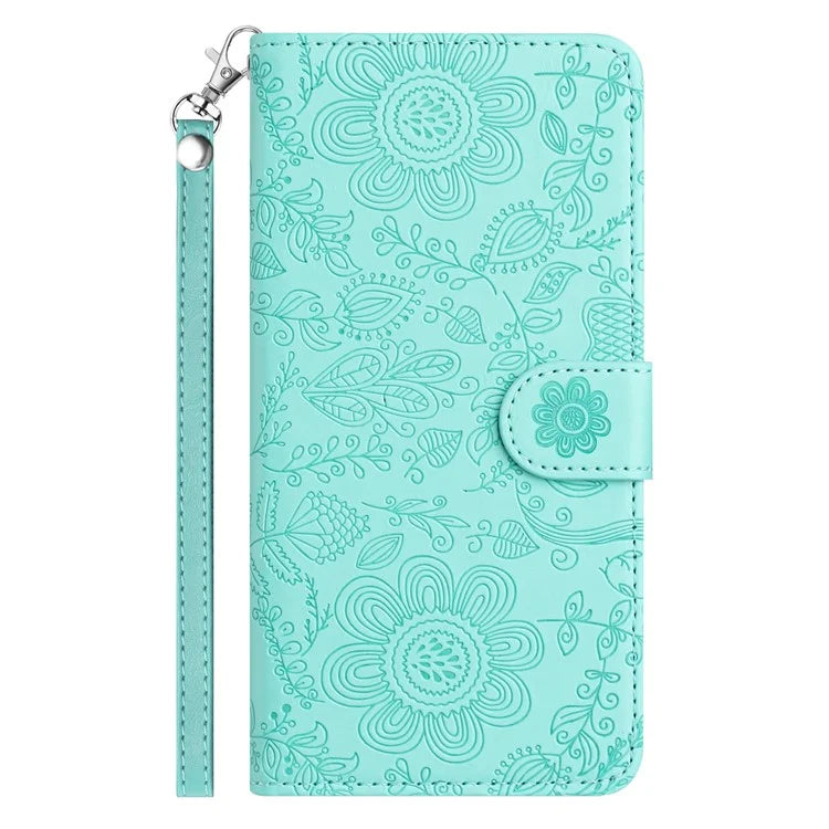 For Samsung Galaxy S24 Case Flower Imprint Leather Flip Wallet Phone Cover with Wrist Strap