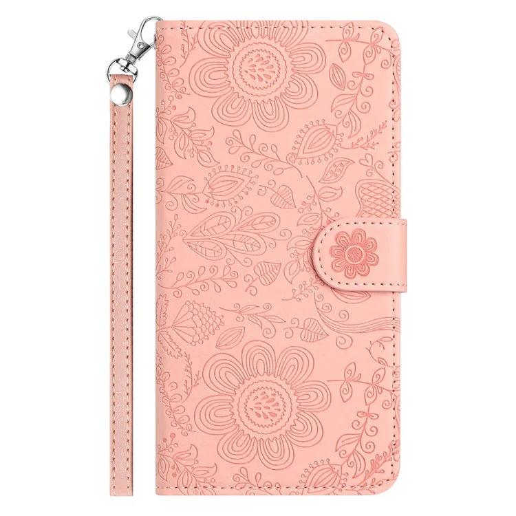For Samsung Galaxy S24 Case Flower Imprint Leather Flip Wallet Phone Cover with Wrist Strap