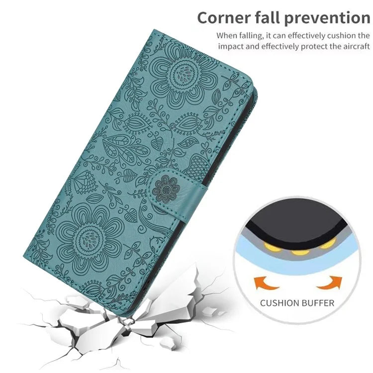 For Samsung Galaxy S24 Case Flower Imprint Leather Flip Wallet Phone Cover with Wrist Strap