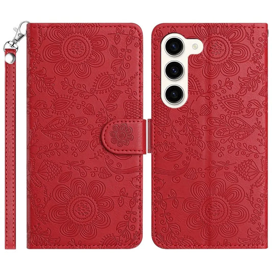 For Samsung Galaxy S23 Case Flower Imprint Leather Flip Wallet Phone Cover with Wrist Strap