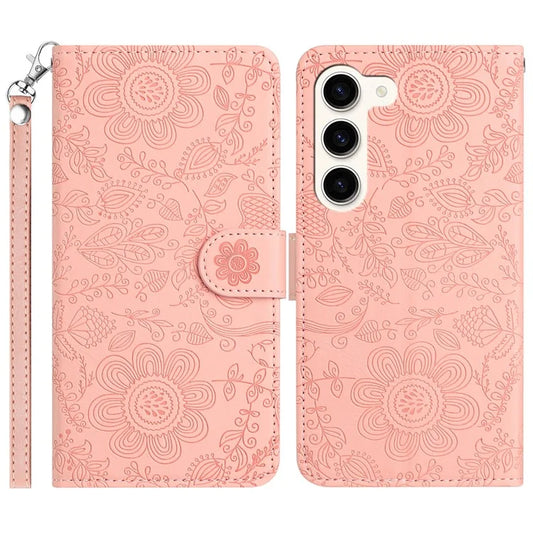 For Samsung Galaxy S23+ Case Flower Imprint Leather Flip Wallet Phone Cover with Wrist Strap