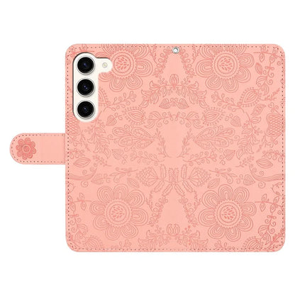 For Samsung Galaxy S23+ Case Flower Imprint Leather Flip Wallet Phone Cover with Wrist Strap