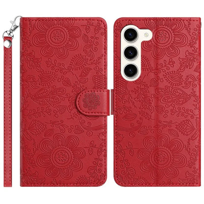 For Samsung Galaxy S23+ Case Flower Imprint Leather Flip Wallet Phone Cover with Wrist Strap