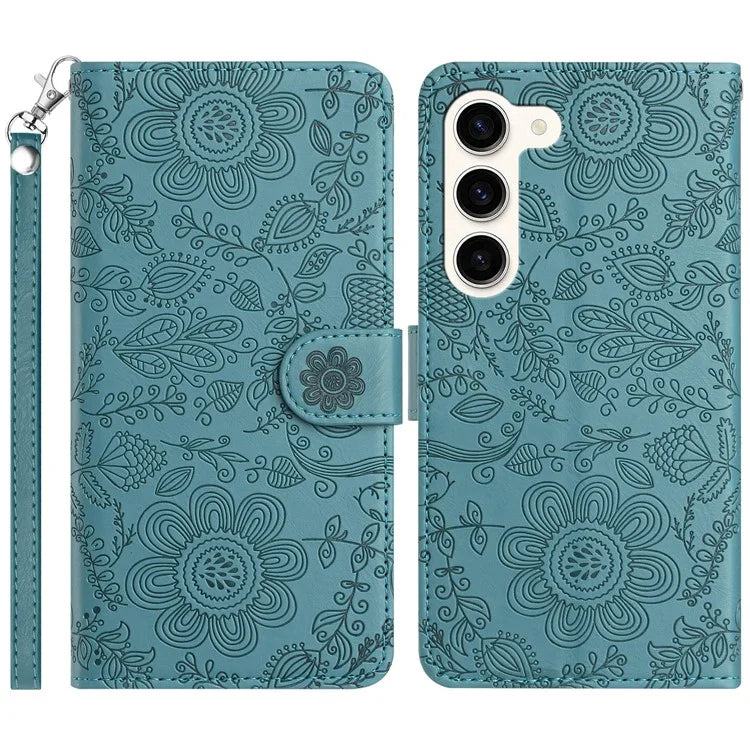 For Samsung Galaxy S23+ Case Flower Imprint Leather Flip Wallet Phone Cover with Wrist Strap
