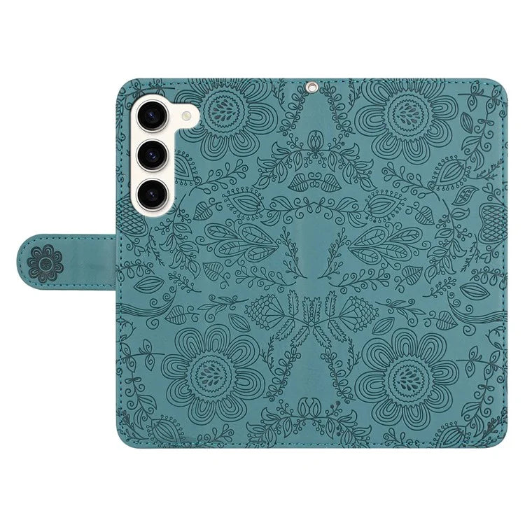 For Samsung Galaxy S23+ Case Flower Imprint Leather Flip Wallet Phone Cover with Wrist Strap