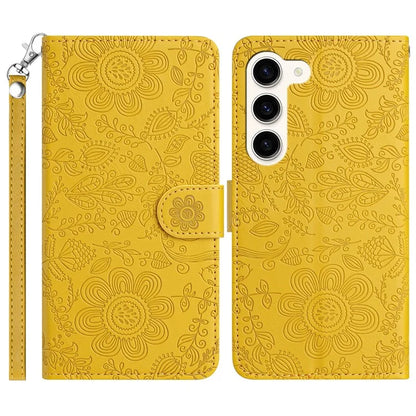 For Samsung Galaxy S23+ Case Flower Imprint Leather Flip Wallet Phone Cover with Wrist Strap
