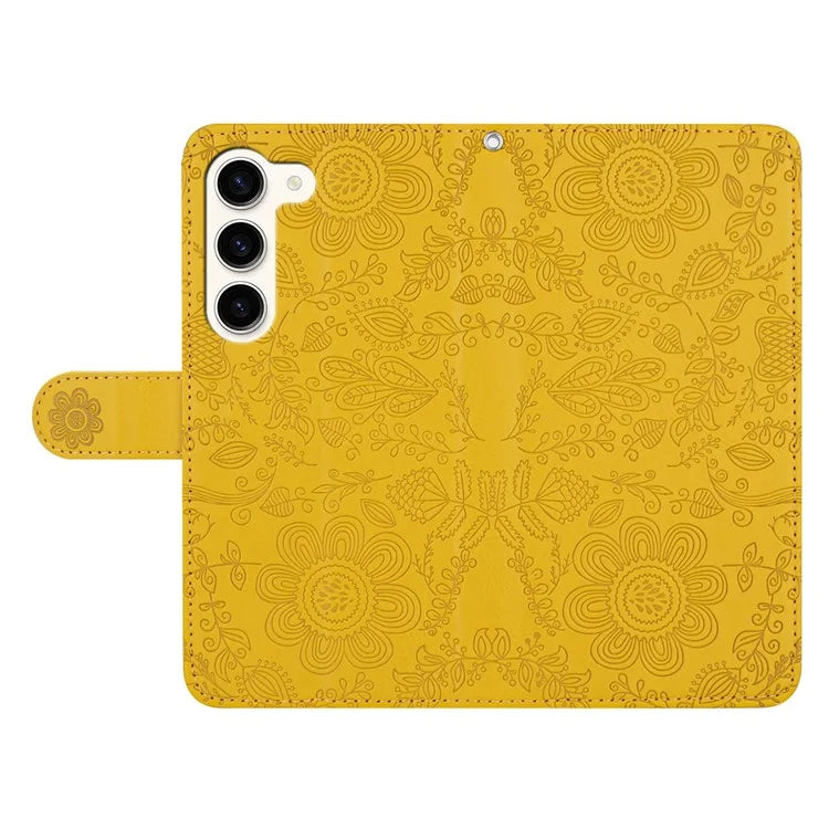 For Samsung Galaxy S23+ Case Flower Imprint Leather Flip Wallet Phone Cover with Wrist Strap