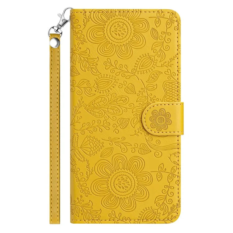 For Samsung Galaxy S23+ Case Flower Imprint Leather Flip Wallet Phone Cover with Wrist Strap