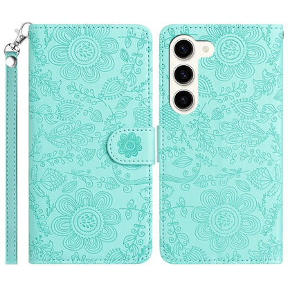 For Samsung Galaxy S23+ Case Flower Imprint Leather Flip Wallet Phone Cover with Wrist Strap