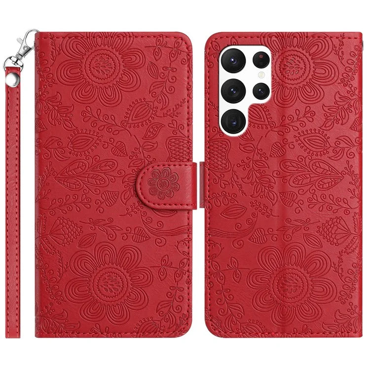 For Samsung Galaxy S23 Ultra Case Flower Imprint Leather Flip Wallet Phone Cover with Wrist Strap