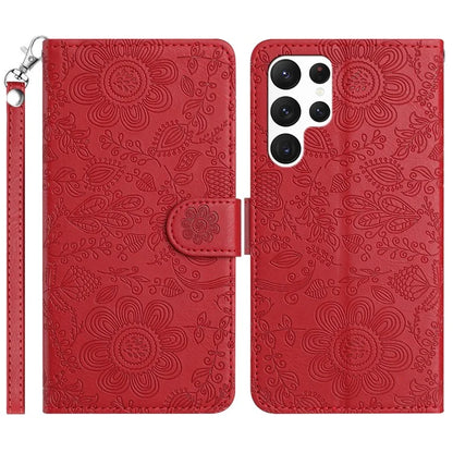 For Samsung Galaxy S23 Ultra Case Flower Imprint Leather Flip Wallet Phone Cover with Wrist Strap