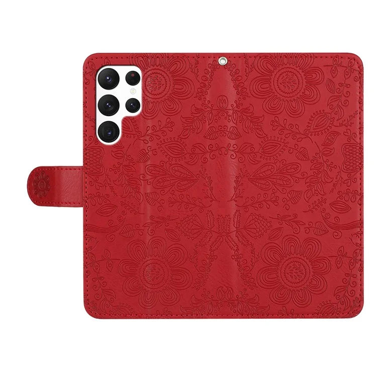 For Samsung Galaxy S23 Ultra Case Flower Imprint Leather Flip Wallet Phone Cover with Wrist Strap