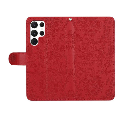 For Samsung Galaxy S23 Ultra Case Flower Imprint Leather Flip Wallet Phone Cover with Wrist Strap