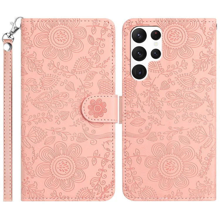 For Samsung Galaxy S23 Ultra Case Flower Imprint Leather Flip Wallet Phone Cover with Wrist Strap