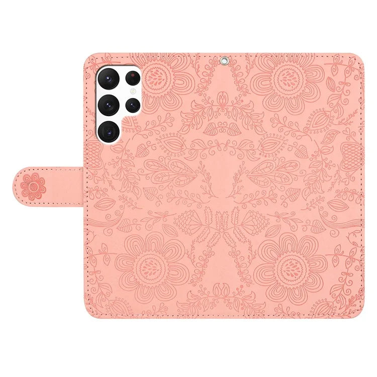 For Samsung Galaxy S23 Ultra Case Flower Imprint Leather Flip Wallet Phone Cover with Wrist Strap
