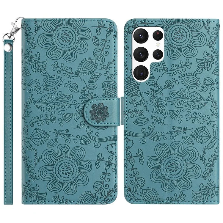 For Samsung Galaxy S23 Ultra Case Flower Imprint Leather Flip Wallet Phone Cover with Wrist Strap