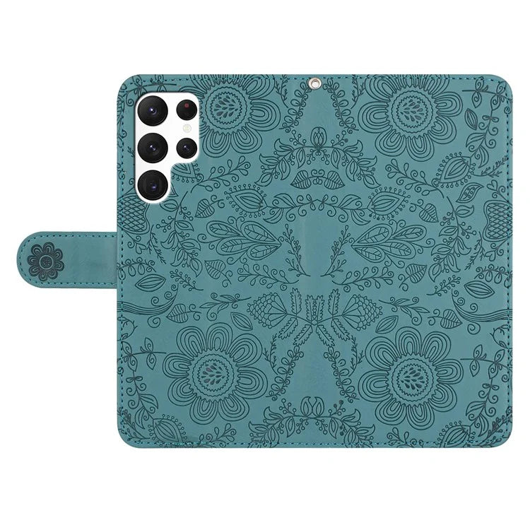 For Samsung Galaxy S23 Ultra Case Flower Imprint Leather Flip Wallet Phone Cover with Wrist Strap