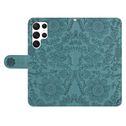 For Samsung Galaxy S23 Ultra Case Flower Imprint Leather Flip Wallet Phone Cover with Wrist Strap