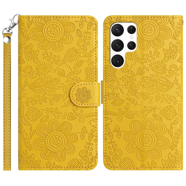For Samsung Galaxy S23 Ultra Case Flower Imprint Leather Flip Wallet Phone Cover with Wrist Strap