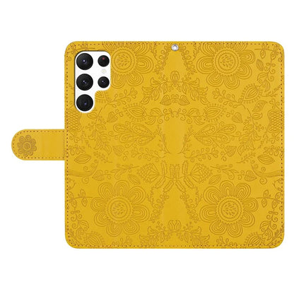 For Samsung Galaxy S23 Ultra Case Flower Imprint Leather Flip Wallet Phone Cover with Wrist Strap