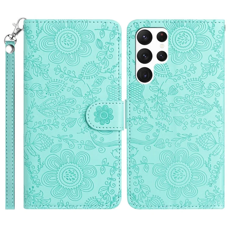 For Samsung Galaxy S23 Ultra Case Flower Imprint Leather Flip Wallet Phone Cover with Wrist Strap