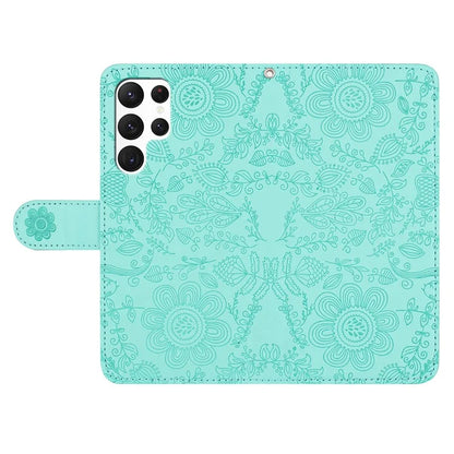 For Samsung Galaxy S23 Ultra Case Flower Imprint Leather Flip Wallet Phone Cover with Wrist Strap