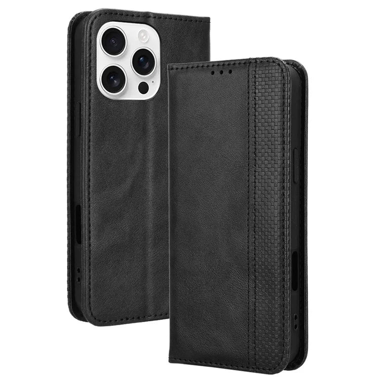 For iPhone 16 Pro Leather Case Wallet Stand Retro Texture Phone Cover